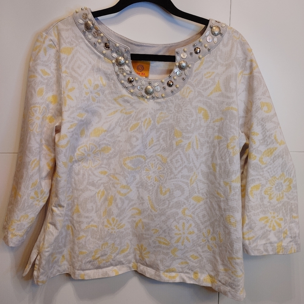 Ruby Rd Embellished Scalloped Neck Top XL 3/4 Sleeve Yellow Gray Floral Blouse - Picture 7 of 10